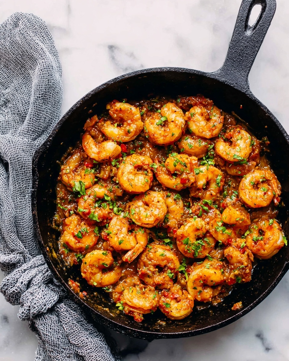 A black cast iron pan filled with a single layer of cooked shrimp, each shrimp curled and coated in a thick orange-brown sauce with small bits of green and red vegetables mixed throughout. Green herbs are sprinkled evenly on top of the shrimp, adding a fresh touch. The pan rests on a white marbled surface with a gray waffle-textured cloth tied in a knot visible near the upper left of the pan. The shrimp dish looks rich and savory, with a glossy texture from the sauce. photo taken with an iphone --ar 4:5 --v 7