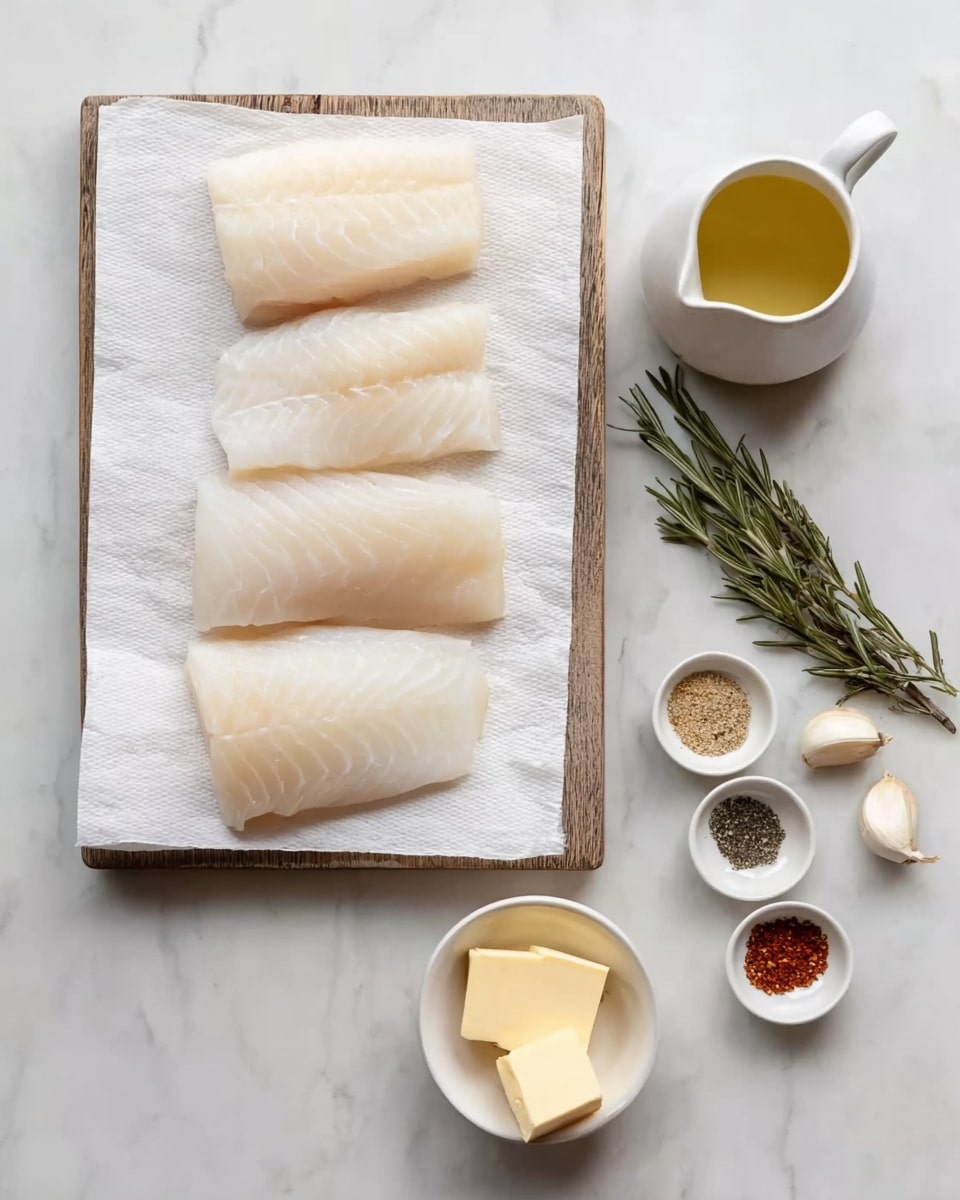 The image shows four pieces of white fish fillets placed in two rows on a white paper towel on a small wooden board. To the right of the board, there is a sprig of fresh green rosemary and three cloves of garlic. Below the rosemary and garlic, a small white bowl contains different spices in three sections: white, black, and reddish powders. Next to this bowl is a small white pitcher with a light yellow liquid, possibly oil or sauce. Below this pitcher, at the bottom of the image, is a small white bowl with three small rectangular slices of light yellow butter. All items are placed on a white marbled surface. Photo taken with an iphone --ar 4:5 --v 7