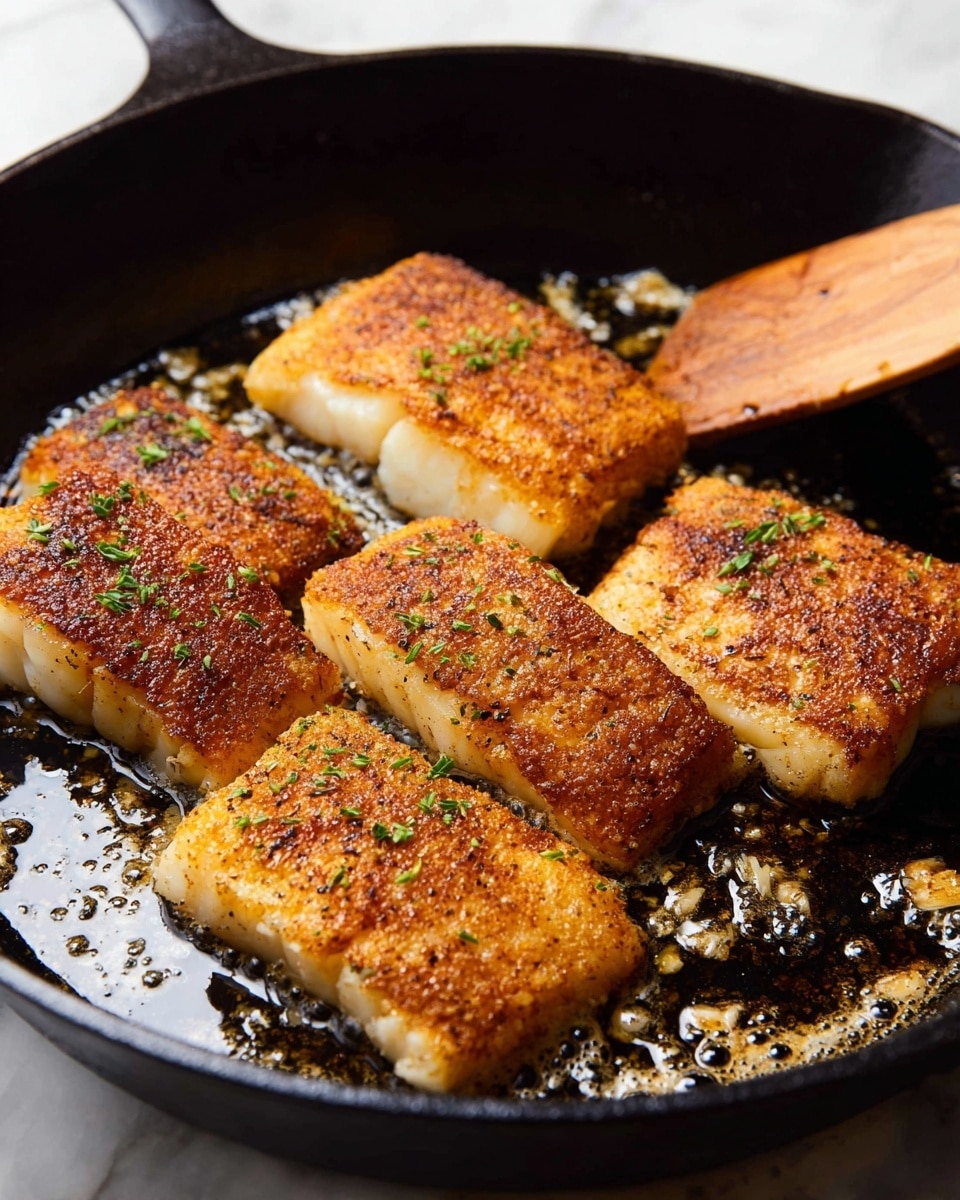 A close-up of five thick fillets of golden fish cooking in a black cast-iron pan, the fish has a crispy, browned crust with visible seasoning and small green herb bits sprinkled on top. The pan shows sizzling oil and bits of garlic around the fish, adding texture and a rich, shiny look to the scene. A wooden spatula is lifting one piece gently in the top right corner. The background is a white marbled texture. Photo taken with an iphone --ar 4:5 --v 7