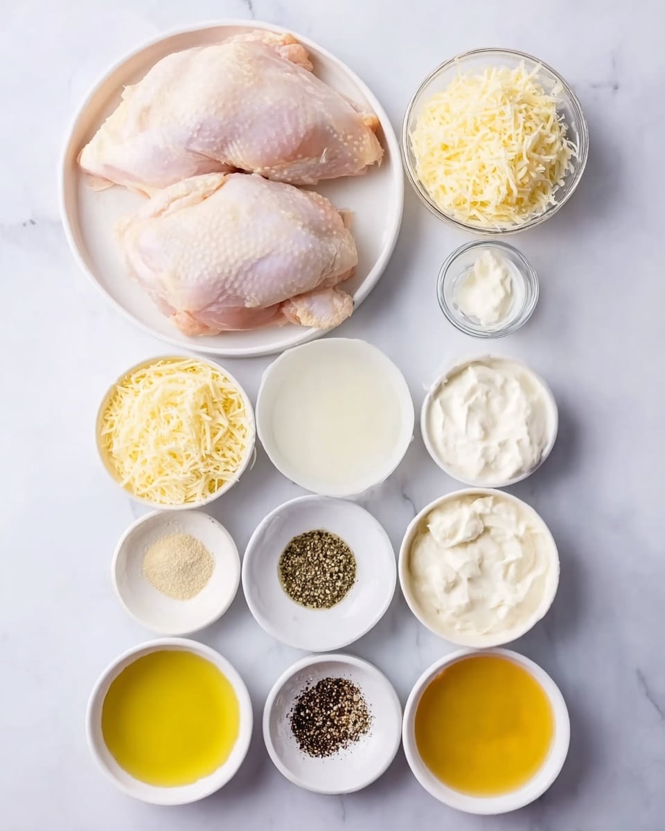 The image shows two large, raw chicken pieces neatly placed on a white plate at the top center. Below the chicken are eight small white bowls arranged in a loose grid on a white marbled surface. Starting from the left side and moving right, the bowls contain grated Parmesan cheese with a pale yellow grainy texture, shredded mozzarella cheese with a soft white look, and thick white sour cream with a smooth texture. Below them are creamy white sauce with black specks, clear yellow oil, and a small bowl of white liquid, likely lemon juice. At the bottom are three bowls: one with a mix of black pepper, white salt, and ground mustard powder in dark and light tones; another with finely minced yellow garlic; and the last with more minced garlic. A woman's hand reaches in from the left edge, touching the plate. photo taken with an iphone --ar 4:5 --v 7
