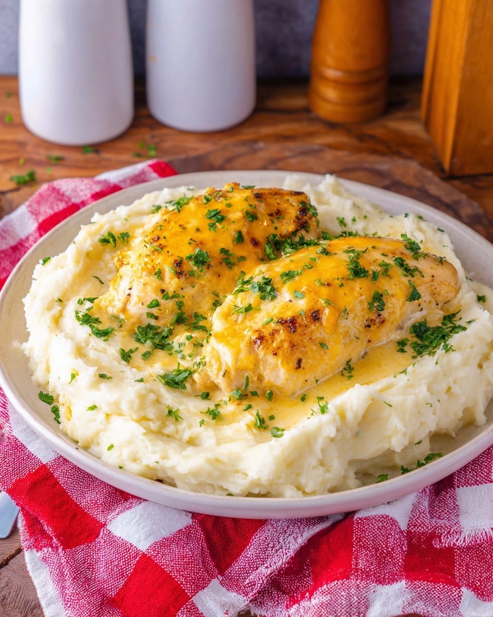 A white plate filled with a thick layer of creamy white mashed potatoes, smooth but with some texture, spread evenly. On top, there are two golden-yellow baked chicken pieces with a slightly browned surface and melted cheese. The dish is sprinkled with chopped green herbs scattered over the chicken and potatoes. The plate is placed on a red and white checkered cloth on a wooden table, with some kitchen containers in the background. Photo taken with an iphone --ar 4:5 --v 7