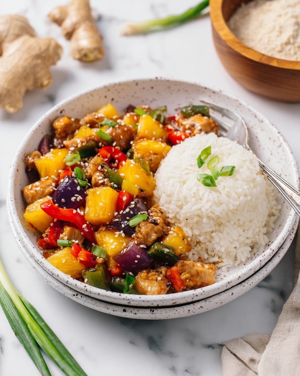 In a white speckled bowl, there are two main layers: on the right side is a mound of white rice with a fluffy texture, and on the left side is a mix of colorful pieces including bright yellow pineapple chunks, red and green bell pepper pieces, small browned chicken pieces, and purple onion slices. The dish is topped with small green onion slices and sprinkled with white sesame seeds. The bowl sits on a white marbled surface, with a silver fork placed on the right side of the bowl, some fresh ginger and green onions nearby, and a wooden bowl with a powdery substance blurred in the background. photo taken with an iphone --ar 4:5 --v 7
