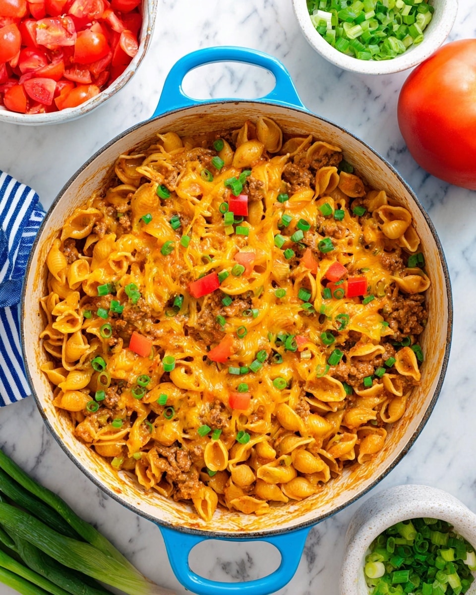 A large pot with blue handles holds a creamy pasta dish with three main layers: the bottom layer is made of small shell pasta cooked with a rich, orange-brown sauce mixed in with small pieces of cooked meat; on top of the pasta, there is melted bright orange cheddar cheese slightly blending into the sauce; scattered over everything are small, fresh green onion slices along with small red tomato pieces adding fresh color. The pot is placed on a white marbled surface surrounded by a bowl of more chopped tomatoes, a small white bowl of chopped green onions, a whole bright red tomato, and green onions. Photo taken with an iphone --ar 4:5 --v 7
