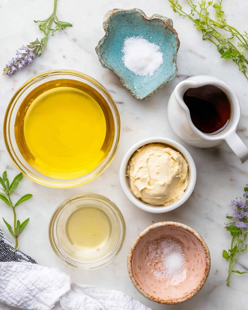 The image shows six small containers of ingredients placed on a white marbled surface with some green and purple herb sprigs scattered around. In the top left is a round glass bowl filled with bright yellow oil. Above it is a small, irregular blue-green ceramic bowl holding white salt. To the right is a white ceramic pitcher filled with dark brown liquid. Below the oil is a small white ceramic bowl holding a clear, light yellow liquid. In the center is a small glass bowl with a creamy, light beige paste. At the bottom right is a rustic pinkish ceramic bowl containing a small amount of white powder. A white cloth with black stripes is partially visible in the bottom left corner. Photo taken with an iphone --ar 4:5 --v 7