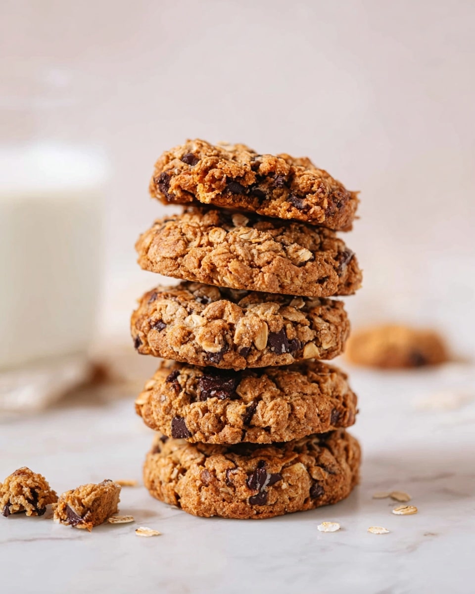 A stack of five thick oatmeal cookies with visible dark chocolate chunks and oat flakes is placed on a white marbled surface. The cookies are golden-brown, showing a crumbly and textured appearance with scattered crumbs and small pieces around them. In the background, there is a clear glass of milk that is slightly blurred, adding a soft contrast to the sharp details of the cookies. The whole scene is bright and clean, focusing on the homemade look of the cookies. photo taken with an iphone --ar 4:5 --v 7