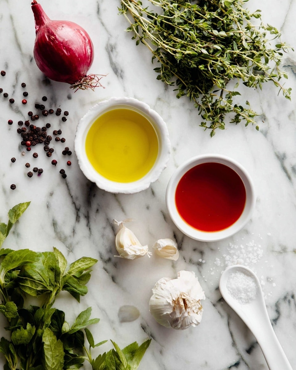The image shows a white marbled surface with several cooking ingredients scattered on it. There is a small red onion on the left side next to some black peppercorns. Above the onion, fresh green herbs are placed in a small bunch. To the right of the herbs, there is a small white bowl filled with yellow oil, and below it, another small white bowl filled with red liquid. Near the bottom center, two garlic cloves are next to a whole garlic bulb. On the lower right side, a white spoon with white granules, likely salt, is lying on the surface. The bottom left corner shows blurry green leafy herbs. Photo taken with an iphone --ar 4:5 --v 7