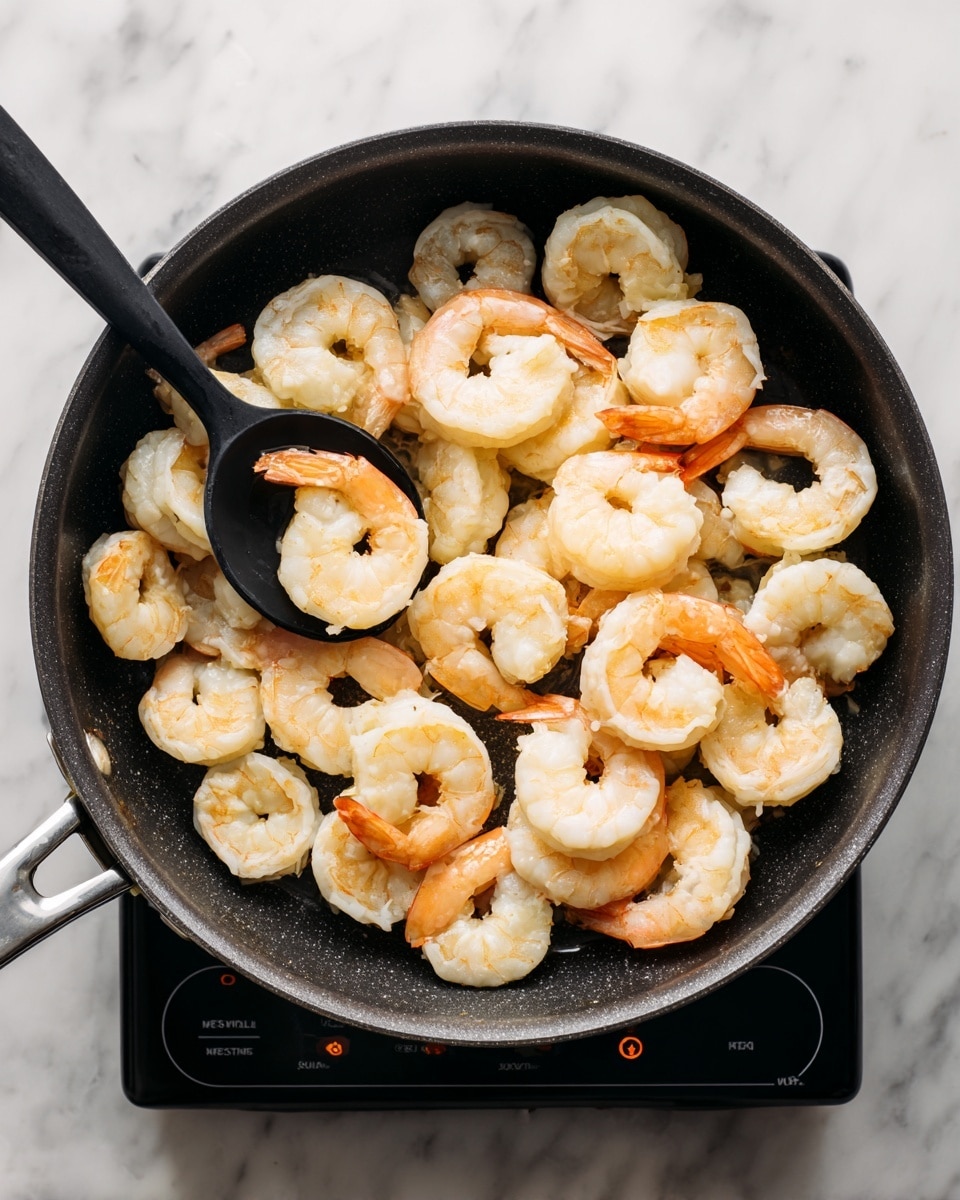 A black cooking pan filled with about twenty shrimp pieces, arranged loosely in an even single layer. The shrimp are pale pink with some light orange tints, and their tails are still on. A black spoon stirs some shrimp in the top left area of the pan. The pan is sitting on a black stovetop with visible orange and white buttons and settings. The background is a white marbled surface. photo taken with an iphone --ar 4:5 --v 7