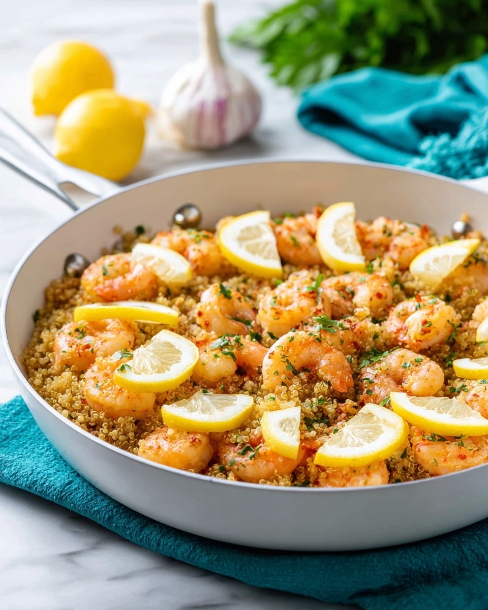 A white pan filled with a dish that has three main layers: at the bottom are small, light golden grains, likely quinoa, visible with a slightly fluffy texture. On top of the grains are cooked shrimp that are pink-orange with a firm texture, arranged all over the pan. Slices of bright yellow lemon with white inner flesh are placed between the shrimp, adding color contrast. The dish is sprinkled with small green herbs scattered evenly on top. The pan rests on a white marbled surface with a turquoise cloth beside it, and there is a garlic bulb and green leaves blurred in the background. Photo taken with an iphone --ar 4:5 --v 7
