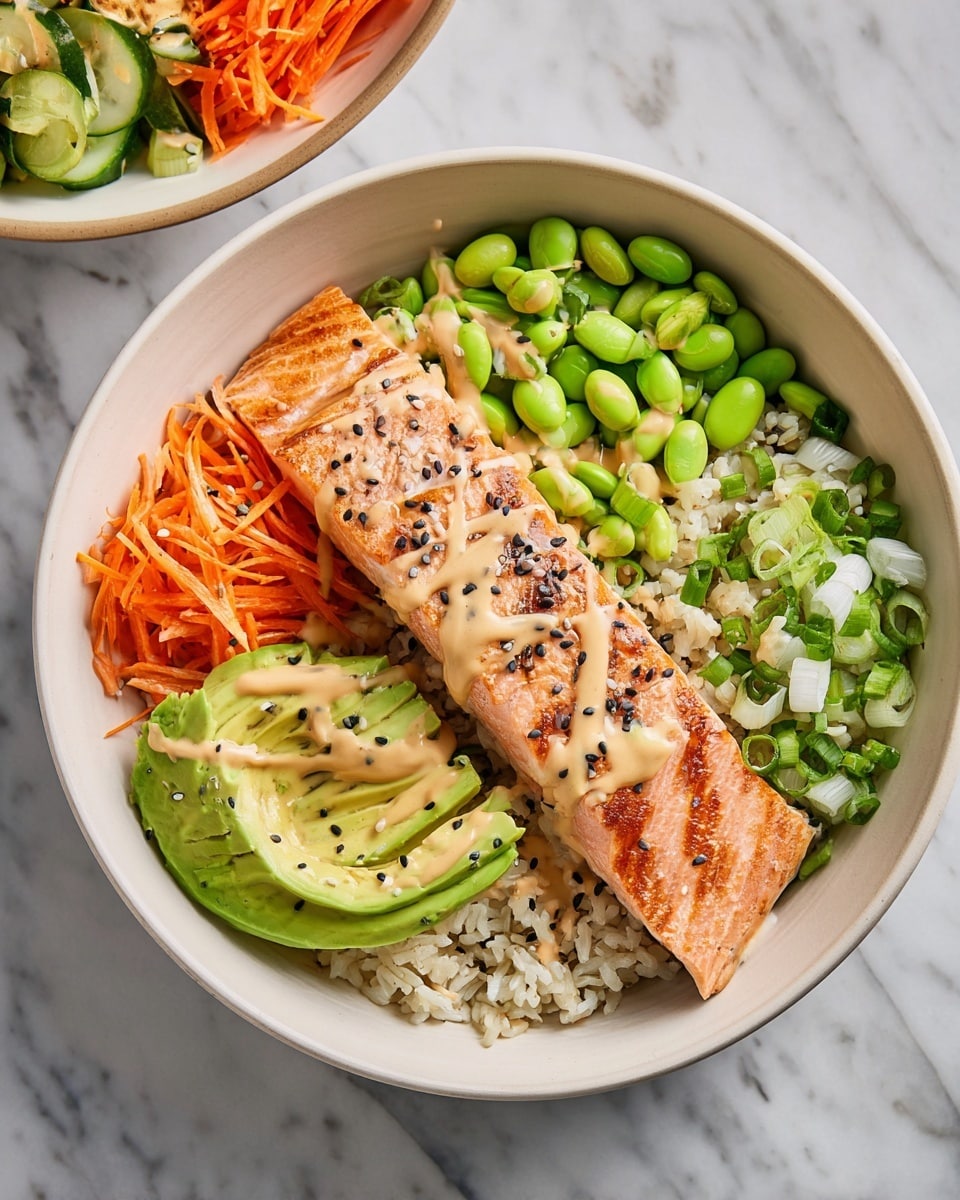 A white bowl sits on a white marbled surface, filled with several colorful layers. At the base is a bed of white rice mixed with chopped green onions on the right side. On top of the rice, a large piece of cooked salmon with a light pink color and grill marks lays horizontally in the center, drizzled with a creamy beige sauce and sprinkled with black and white sesame seeds. To the left of the salmon are fresh diced green cucumbers and bright orange shredded carrots, with a sliced, light green avocado fan placed between them and the salmon. Below the avocado and salmon are bright green edamame beans. The creamy sauce is also lightly drizzled over the vegetables. Photo taken with an iphone --ar 4:5 --v 7