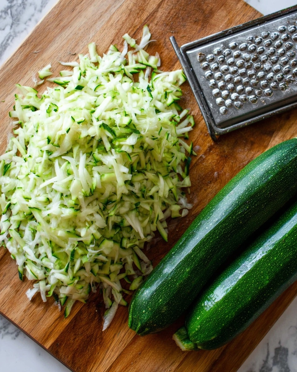 The image shows a wooden cutting board with a pile of freshly shredded zucchini on the left side, the shredded pieces are a mix of light green and white with a soft, moist texture. On the right side, there are two whole dark green zucchinis lying side by side with smooth, shiny skin. A metal box grater with bits of shredded zucchini stuck in it is placed near the top right corner, angled slightly to the right. The background is replaced with a white marbled texture. photo taken with an iphone --ar 4:5 --v 7
