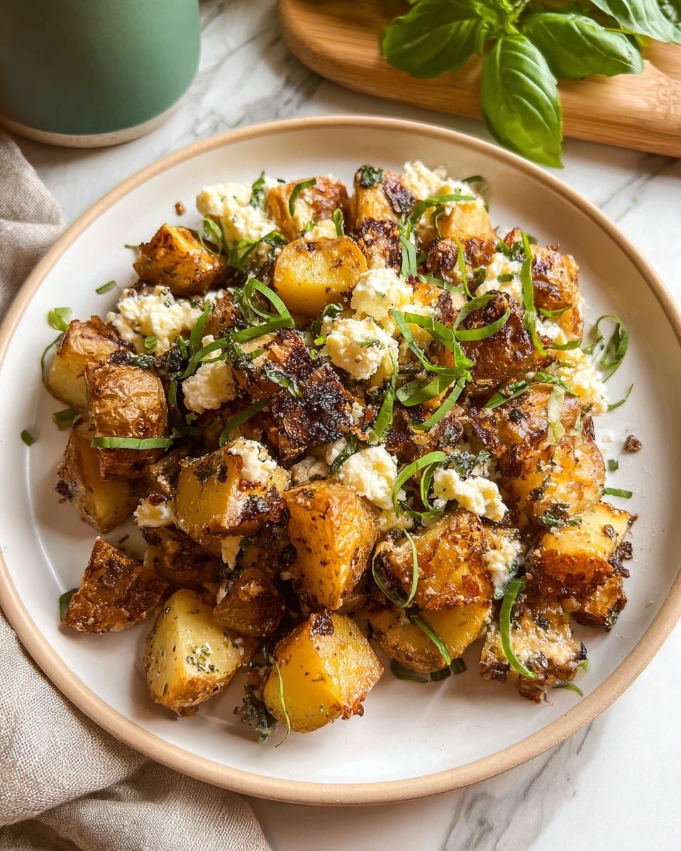 A white plate holds a dish of roasted potatoes with a golden brown crust, mixed with white creamy cheese scattered unevenly on top. Thin strips of fresh green herbs are spread over the potatoes, adding brightness and a fresh texture. The plate sits on a white marbled surface with a hint of shadow, and in the background, there is a green container and a wooden board partially visible, along with some fresh basil leaves in front. The overall look has warm lighting with some soft shadows, making the dish appear inviting and fresh photo taken with an iphone --ar 4:5 --v 7