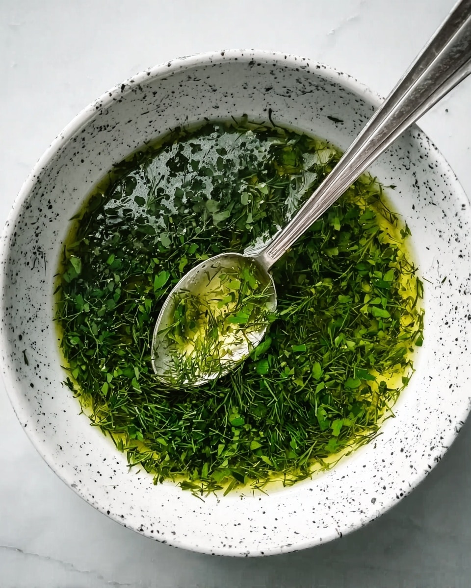 The image shows a white bowl with small black speckles, filled with a clear green liquid topped with finely chopped fresh green herbs evenly spread across the surface. A shiny silver spoon rests inside the bowl with its handle leaning on the edge, partially dipped in the liquid. The bowl sits on a white marbled surface that adds a clean and bright background to the dish. photo taken with an iphone --ar 4:5 --v 7