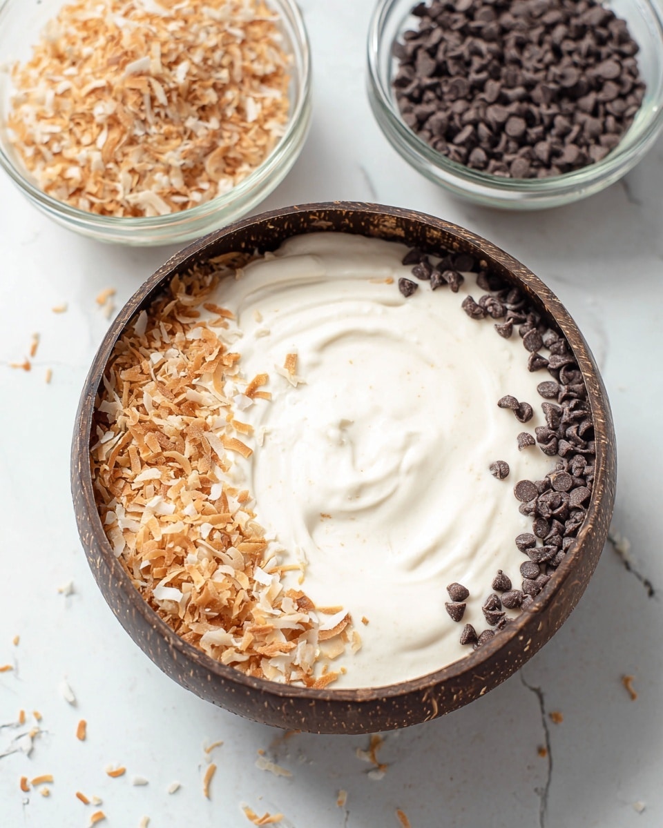The image shows a round bowl with a dark wooden texture filled with a creamy white dessert or smoothie, spread smoothly with slight swirls. On one side of the bowl, there is a thick line of light brown toasted coconut flakes, and next to it, a line of small dark brown chocolate chips spreads along the edge. Behind the bowl, two glass containers are visible, one filled with more toasted coconut flakes and the other with extra chocolate chips, all placed on a white marbled surface. photo taken with an iphone --ar 4:5 --v 7