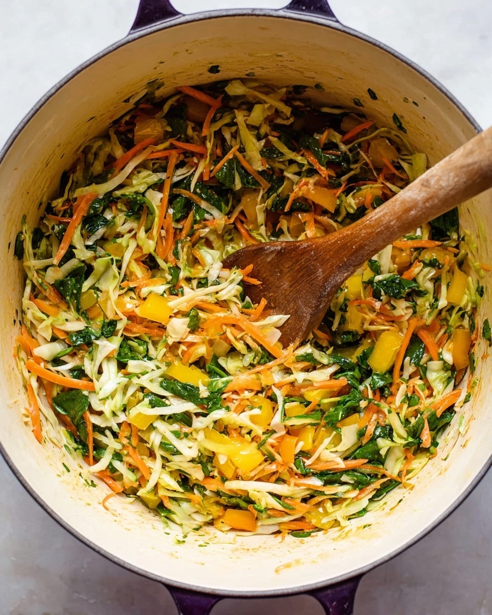Inside a large white pot with dark handles, there is a colorful mix of shredded vegetables. The bottom layer is made of thin, long pieces of green spinach and white cabbage. Mixed through are small shreds of bright orange carrot and chunks of yellow bell pepper, all fresh and raw. A wooden spoon lies in the middle of the pot, slightly stained from stirring the vegetables. The pot is placed on a white marbled surface. Photo taken with an iphone --ar 4:5 --v 7