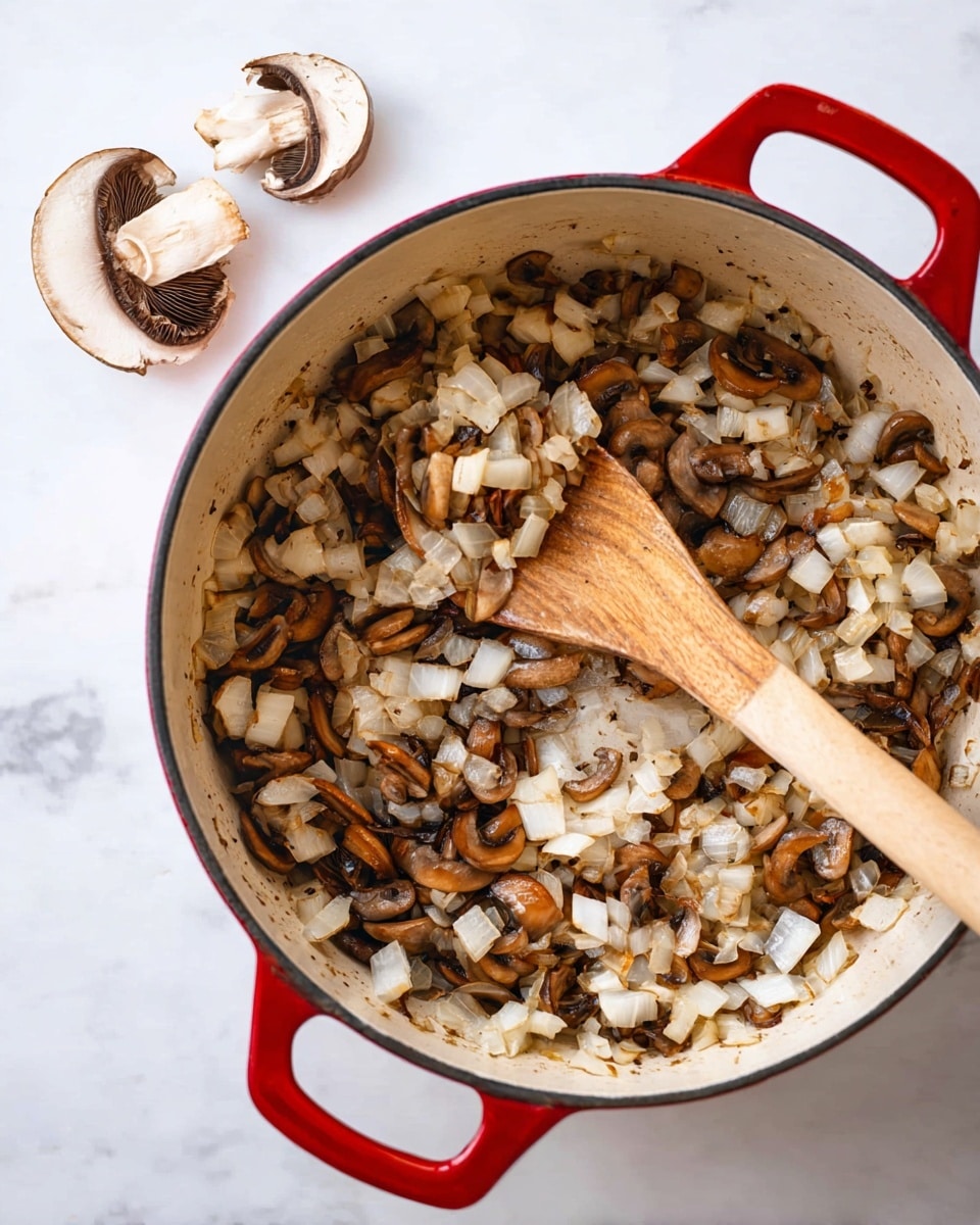 A white pot with red handles holds a mix of cooked onions and mushrooms. The onions are chopped into medium white cubes, some showing a slight golden brown from cooking. The mushrooms are sliced, cooked to a darker brown color, and mixed evenly with the onions. A wooden spoon with a smooth texture rests inside the pot, holding a small scoop of the mixture. Two whole mushroom slices lie near the pot on a white marbled surface. The image is bright and well-lit, focusing on the pot's content. photo taken with an iphone --ar 4:5 --v 7