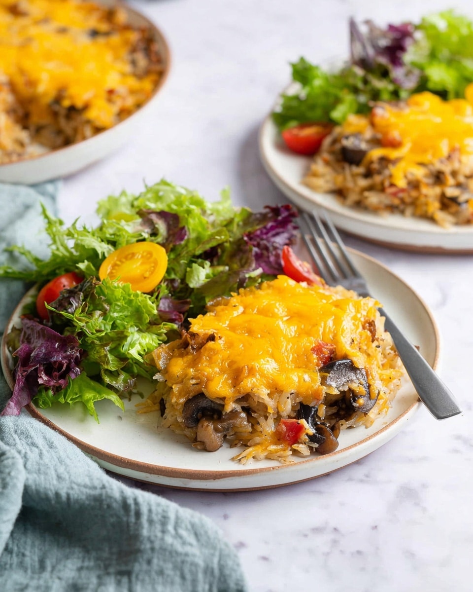 A white plate on a white marbled surface holds a serving of a baked dish with three main layers: a base of light brown shredded or riced texture mixed with small bits of red, a middle layer containing chunks of dark brown mushrooms, and a top layer of melted, bright orange cheese covering the other layers unevenly. Beside the baked dish on the plate is a fresh salad made of mixed leafy greens in shades of bright green and deep purple, with small yellow and red cherry tomato slices scattered throughout. A silver fork rests on the plate, and a soft light blue cloth napkin lies near the plate. A second white plate with a similar serving of the same dish is partially visible in the background. Photo taken with an iphone --ar 4:5 --v 7
