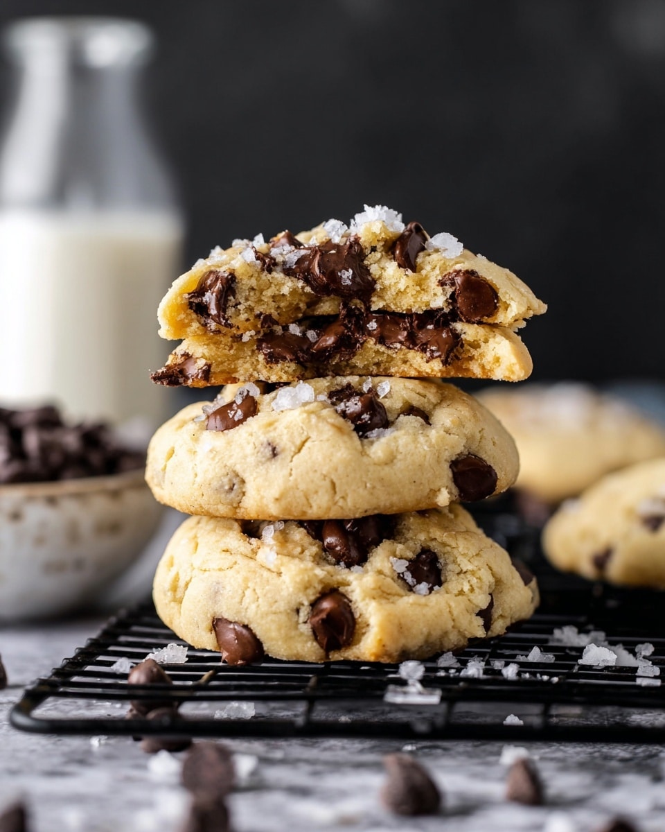 The image shows a stack of three thick, soft chocolate chip cookies with a golden beige color. The top cookie is broken in half, revealing gooey, dark brown chocolate chips inside and some sprinkled white salt flakes on top. The cookies have a slightly rough texture, indicating softness. They are placed on a black cooling rack over a dark surface with scattered chocolate chips and white salt flakes nearby. A blurred bottle of milk and a white bowl with dark chocolate chips are visible in the background, all set against a white marbled texture. photo taken with an iphone --ar 4:5 --v 7