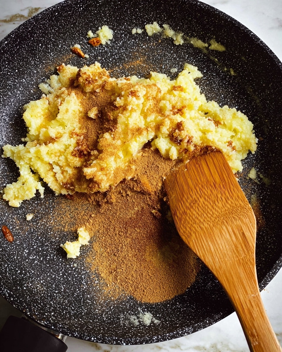 Inside a black speckled pan, there is a mix of light yellow mashed ingredient spread unevenly across the surface with a fine layer of brown ground spice sprinkled over and around it. A wooden spatula is placed near the bottom right, scooping some of the yellow mixture. The pan sits on a white marbled surface. photo taken with an iphone --ar 4:5 --v 7