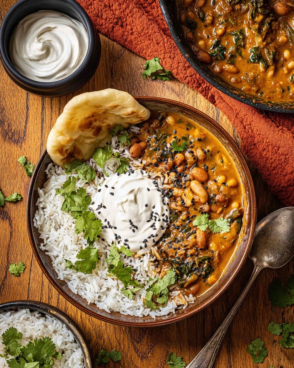 A round bowl with two main layers inside: on the left, a white fluffy rice layer topped with small black seeds and green cilantro leaves scattered across; on the right, a thick, orange-brown curry layer with visible beans and dark green spinach mixed in, garnished with black seeds and fresh cilantro leaves. On top of the curry, there is a smooth, white dollop of cream, and near the edge of the bowl, a folded piece of lightly browned, soft flatbread rests partly on the rice. The bowl sits on a wooden surface, with a silver spoon to the right and a small black bowl of plain white rice garnished with green leaves placed below. In the upper left corner, a small black bowl contains a swirl of white cream on an orange cloth. A skillet with more curry is partially seen at the top right. photo taken with an iphone --ar 4:5 --v 7