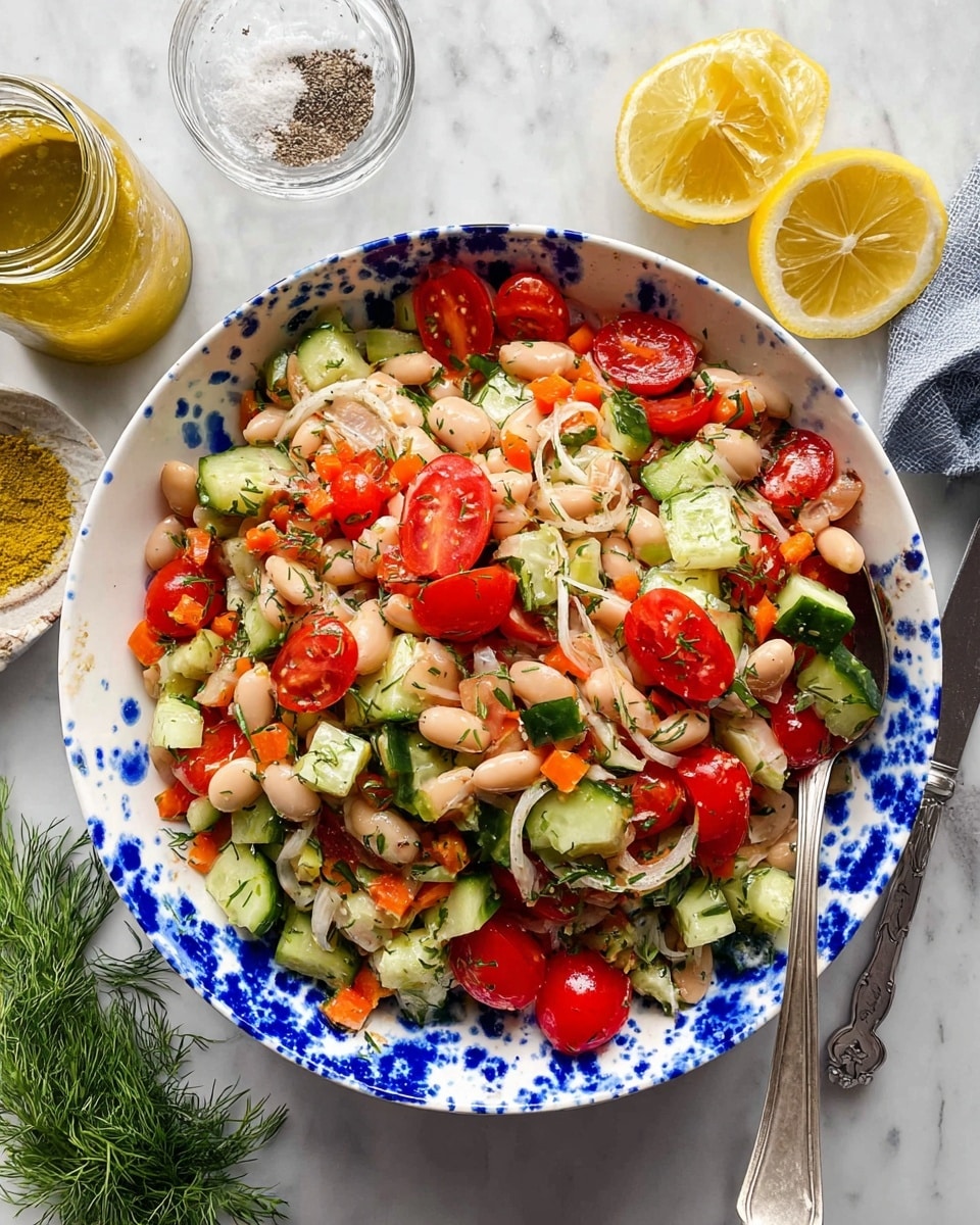 The image shows a white bowl with blue splashes filled with a colorful salad. The salad has three main layers of ingredients: bright red halved cherry tomatoes, white beans, and green cucumber cubes. There are also small orange bell pepper pieces and thin white onion slices scattered throughout. Fresh green herbs are mixed in, adding a touch of texture and color. The bowl sits on a white marbled surface with a metal spoon on the right side. Around the bowl, there are two squeezed yellow lemon halves, a clear glass bowl of salt and seasoning, a jar of yellow mustard, and a piece of green dill on the left. photo taken with an iphone --ar 4:5 --v 7