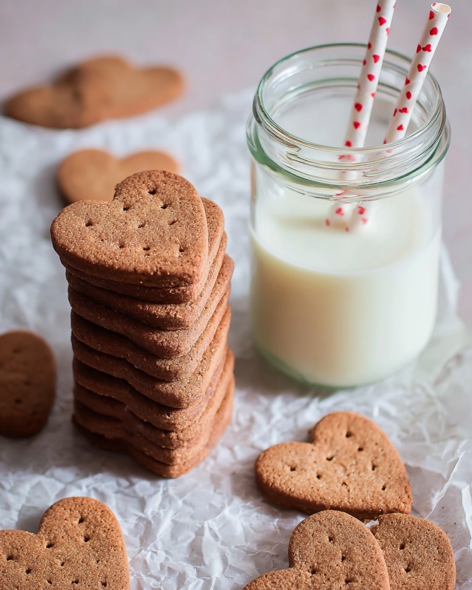A tall stack of heart-shaped brown cookies with a rough texture and small holes in the center sits on a white marbled surface covered by slightly crumpled parchment paper; around the stack are scattered the same cookies laying flat. Next to the stack is a clear glass jar filled with white milk, with two white straws decorated with red hearts resting against the jar. The scene is softly lit with natural light. photo taken with an iphone --ar 4:5 --v 7