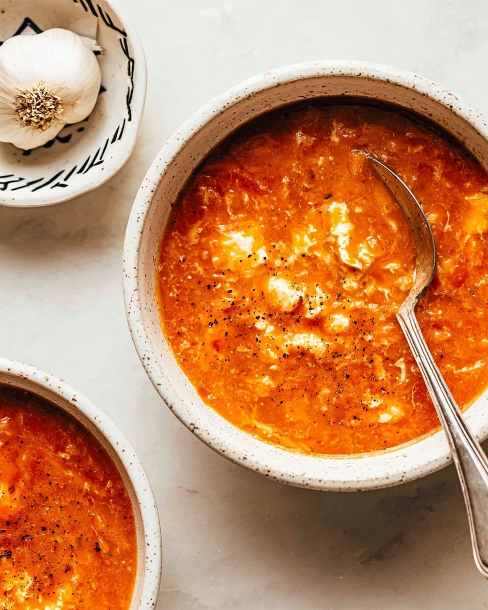 A close-up view of a white speckled bowl filled with a thick, chunky orange-red soup with visible bits of white soft texture mixed in, possibly egg drops, and black pepper sprinkled on top. A shiny silver spoon is partially dipped into the soup, resting along the side of the bowl. Next to it, a white bowl with a similar soup is partly visible. On the left side, there is a small white bowl with a black zigzag pattern holding a whole garlic bulb, all placed on a white marbled surface. Photo taken with an iphone --ar 4:5 --v 7
