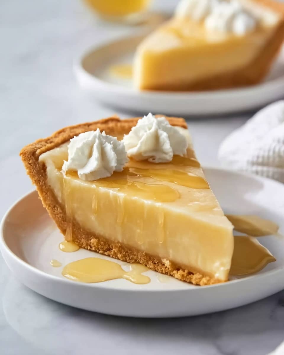 A slice of golden pie with a thick, smooth filling sits on a white plate on a white marbled surface. The crust is light brown and slightly crumbly, forming a firm base and edge around the pie. The filling is creamy and shiny, with a rich, pale yellow color. On top, there are small dollops of white whipped cream placed near the edges of the slice. Light golden syrup is drizzled over the pie slice and plate, adding a glossy texture and soft reflections. In the blurred background, there is a similar slice on another white plate. photo taken with an iphone --ar 4:5 --v 7
