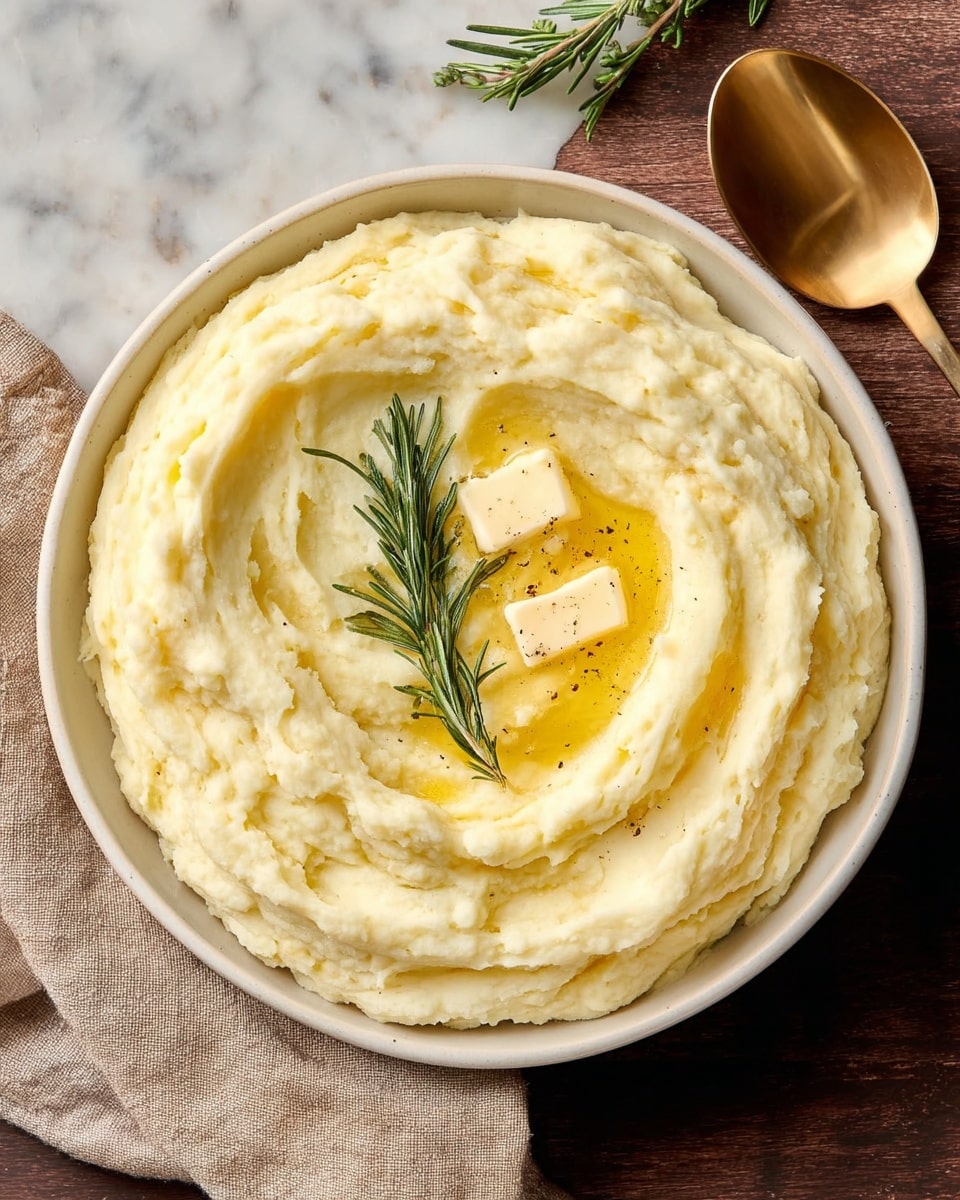 A white round plate filled with one thick layer of pale yellow mashed potatoes with a soft and creamy texture, topped in the center with two small slices of light yellow melted butter and a small sprig of fresh dark green rosemary. The plate sits on a white marbled surface with a golden spoon and beige cloth folded nearby. Photo taken with an iphone --ar 4:5 --v 7