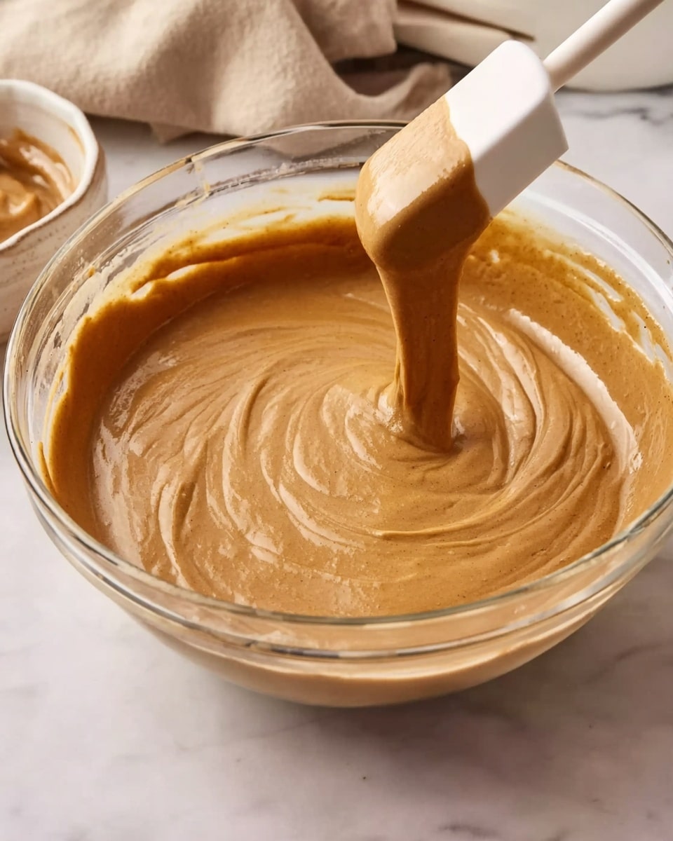 A clear glass bowl filled with a smooth, thick, light brown batter is shown, with a white spatula dipping into the mixture and lifting some batter, creating flowing swirls on the surface. The bowl sits on a white marbled surface, and in the background, there is a beige cloth and some blurred kitchen items. The texture of the batter looks creamy and even. photo taken with an iphone --ar 4:5 --v 7