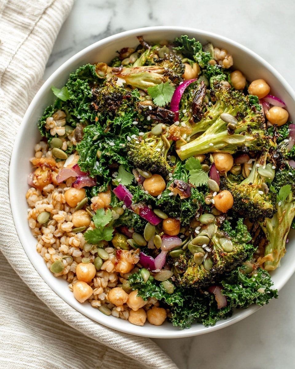 A white bowl filled with a colorful salad showing about five layers: the bottom layer is light brown cooked grains, followed by light beige chickpeas scattered all over, topped with dark green kale leaves and bright green roasted broccoli with a slightly charred texture, mixed with small pieces of purple onion. The salad is sprinkled with small green pumpkin seeds, white sesame seeds, and fresh green cilantro leaves. The bowl is placed on a white marbled surface with a light beige striped cloth partially visible on the left side. photo taken with an iphone --ar 4:5 --v 7