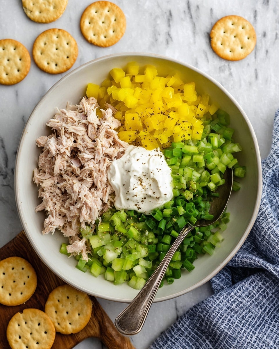 A white bowl on a white marbled surface holds five main layers of ingredients arranged in separate sections: light beige shredded tuna, bright yellow chopped peppers with a sprinkle of white salt, finely chopped light green celery with a sprinkle of black pepper, dark green chopped scallions, and a dollop of white creamy mayo centered on top of the tuna. A vintage silver spoon rests on the right side inside the bowl. Around the bowl, golden round crackers are scattered, some on the surface and some on a wooden board. A blue and white striped cloth is partially visible at the bottom right corner. Photo taken with an iphone --ar 4:5 --v 7