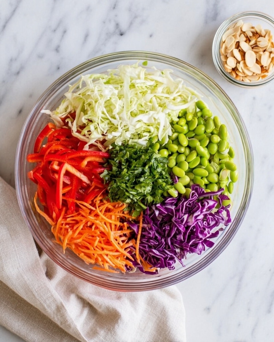 A clear glass bowl sits on a white marbled surface filled with five distinct layers of fresh salad ingredients arranged side by side: thinly sliced white cabbage on the left, bright red bell pepper strips at the top, green edamame beans on the right, thin shredded orange carrots below the beans, and deep purple shredded cabbage at the bottom. In the center of the bowl, there is a pile of freshly chopped green herbs. Next to the bowl is a small clear glass container filled with sliced almonds. A soft white cloth is partially visible in the top right corner. Photo taken with an iphone --ar 4:5 --v 7