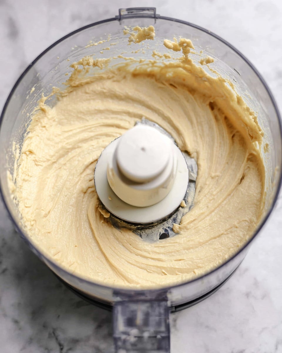 The image shows a clear food processor bowl with a thick, creamy pale yellow batter swirled around its white central blade and shaft. The batter has a smooth texture, evenly coating the base and sides inside the bowl. The food processor is placed on a surface with a white marbled texture, and there are small bits of batter splattered inside the bowl near the top edge. photo taken with an iphone --ar 4:5 --v 7