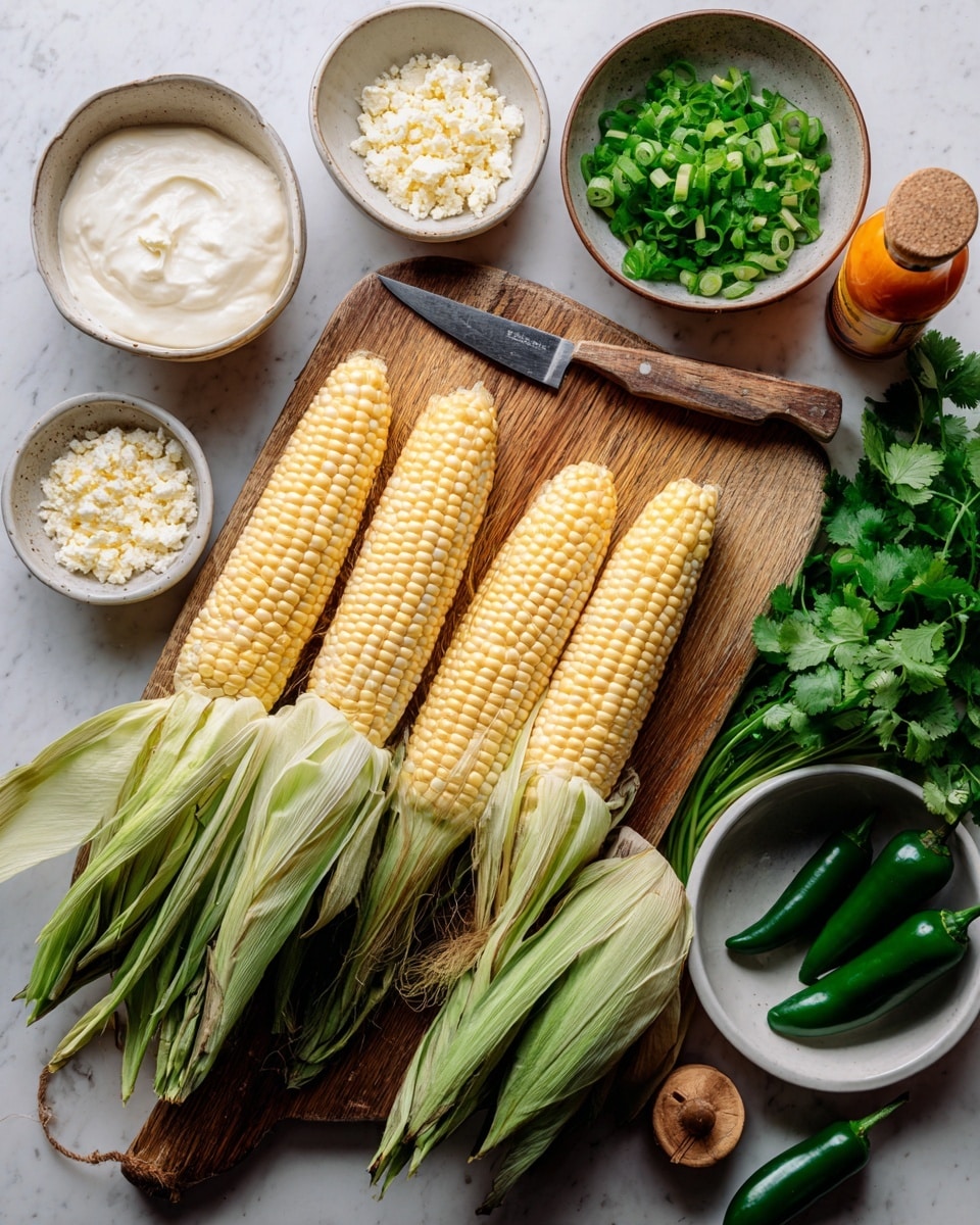 The image shows six ears of corn with light yellow kernels and light green husks partially peeled back, laid out on a wooden board with a knife that has a wooden handle above them. Around the corn are several bowls: a white bowl with white cream on the top left, a white bowl filled with chopped green onions on the right, a small white bowl with white crumbly cheese near the bottom, a small white bowl with light yellow powder near the cheese, and a white bowl with creamy white sauce near the bottom right. There is also a dark green bowl filled with four fresh green jalapeño peppers. On the white marbled surface, near the top right, is a bunch of fresh green cilantro and an open bottle of orange hot sauce. A small wooden cap lies near the hot sauce bottle. photo taken with an iphone --ar 4:5 --v 7