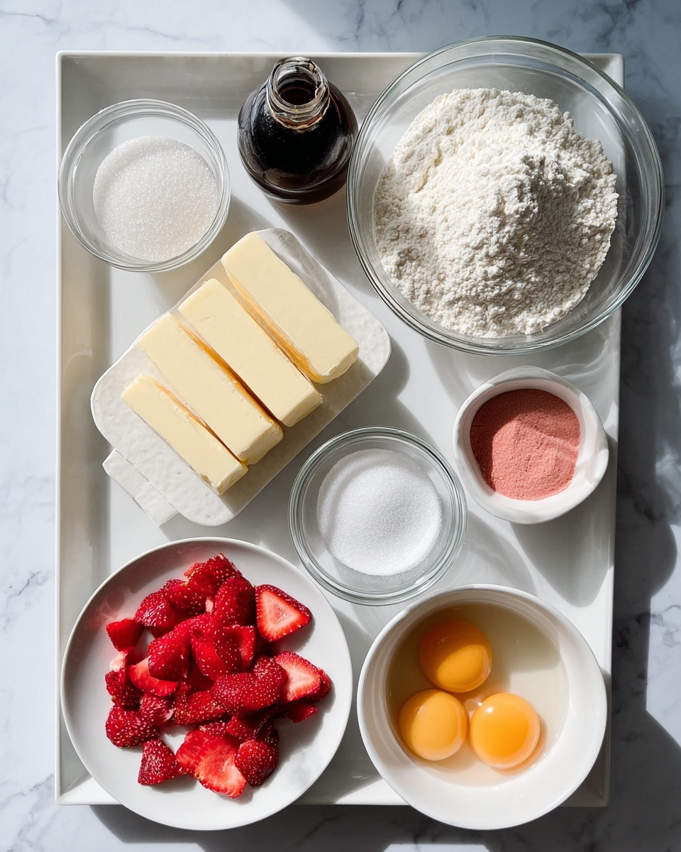 A white tray on a white marbled surface holds an arrangement of baking ingredients in separate bowls and plates: a clear glass bowl filled with white flour on the top right, next to a white bowl fully filled with white granulated sugar above it; a small white bowl with baking powder and another small white bowl with salt on the right side below the sugar; a white bowl with two raw eggs with yellow yolks at the bottom right; a small glass bottle with dark vanilla extract in the top left corner; two rectangular sticks of pale yellow butter rest on a small white plate lined with parchment paper in the center left; and a white bowl filled with bright red strawberry powder is surrounded by dried strawberry slices scattered around it at the bottom left corner. The lighting is bright and natural, creating soft shadows. Photo taken with an iphone --ar 4:5 --v 7