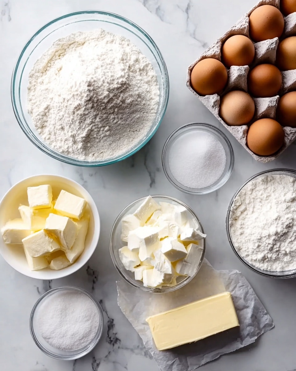 The image shows a flat layout of baking ingredients on a white marbled surface. There is a large clear glass bowl filled with white flour placed near the center top. To the left, a smaller white bowl contains white powdered baking powder. Below and slightly right of it, a clear glass bowl is filled with cubed white butter. To the right of the flour bowl, a white bowl is full of fine white sugar. At the top right corner, six brown eggs sit in a cardboard carton. Below the sugar bowl, a partially unwrapped stick of yellow butter rests on the white marbled surface. Photo taken with an iphone --ar 4:5 --v 7