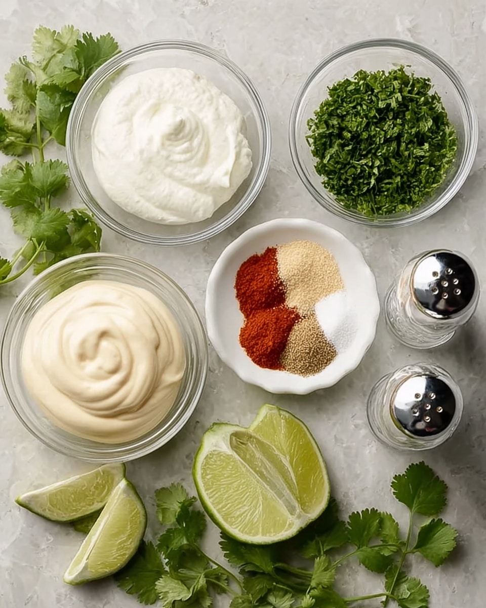 The image shows a white marbled surface with several small clear glass bowls and white dishes arranged in a circle. One bowl contains thick white sour cream, another has mayo of a light beige color, and a third holds chopped green cilantro. A small white dish holds three powders: red, light tan, and dark tan, arranged side by side. In the center, there is a lime cut in half, with one half lying flat and the other cut into three small wedges placed nearby. Fresh green cilantro leaves lay at the bottom of the arrangement. Two silver salt and pepper shakers stand on the right side of the image. Photo taken with an iphone --ar 4:5 --v 7
