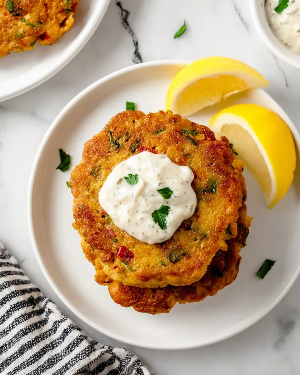 The image shows two golden brown fritters stacked on a white plate. The fritters have visible bits of red and green herbs mixed in their crispy texture. On top of the top fritter, there is a dollop of thick white sauce with small herb pieces. To the right of the plate are two lemon wedges with a bright yellow color, set on a white marbled surface. The edge of a white plate with another fritter is partially visible in the upper left corner, and in the lower right corner, there is a black and white striped cloth. The overall scene is bright and clean with natural light. Photo taken with an iphone --ar 4:5 --v 7