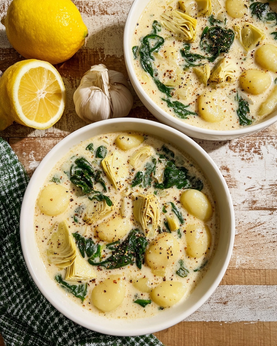 Two white bowls filled with creamy soup sit on a wooden surface with a white marbled texture beneath. The soup has three layers: a thick cream-colored base with scattered black pepper, plump yellow gnocchi pieces spread throughout, and green spinach leaves along with chunks of light yellow artichoke hearts mixed in. To the left, half a lemon and a garlic bulb rest on a green and white checkered cloth. The scene is bright with natural light highlighting the textures and colors. photo taken with an iphone --ar 4:5 --v 7