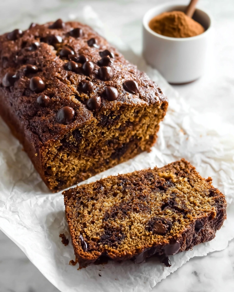 A loaf of moist brown bread studded with dark, melted chocolate chips throughout, with one thick slice placed in front showing the soft, crumbly texture inside. The loaf has an uneven top with more chocolate chips visible on the surface, and the bread rests on white parchment paper that lays on a white marbled surface. In the background, there is a small white cup filled with a brown powder, partially blurred. photo taken with an iphone --ar 4:5 --v 7