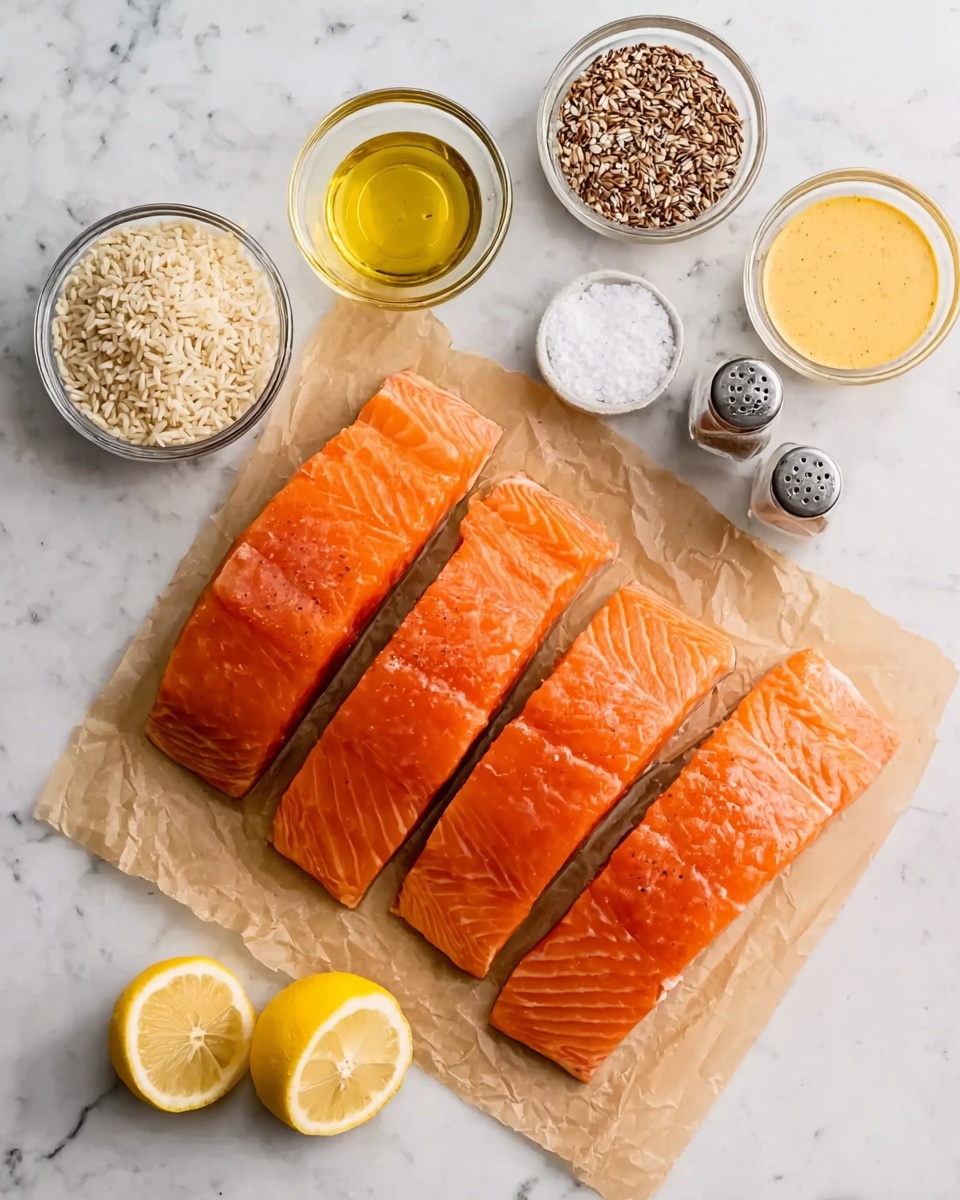 Four thick pieces of bright orange salmon are placed side by side on a piece of light brown parchment paper, positioned on a white marbled surface. To the top left, there are four small glass bowls, each holding a different ingredient: light yellow oil, white rice, brown mixed wild rice, and a creamy yellow mustard-like sauce. Two small glass jars containing salt and black pepper rest just above the salmon. Near the bottom left, two lemon wedges rest on the white marbled surface. The setup is neat and clean, with a simple, fresh look. Photo taken with an iphone --ar 4:5 --v 7