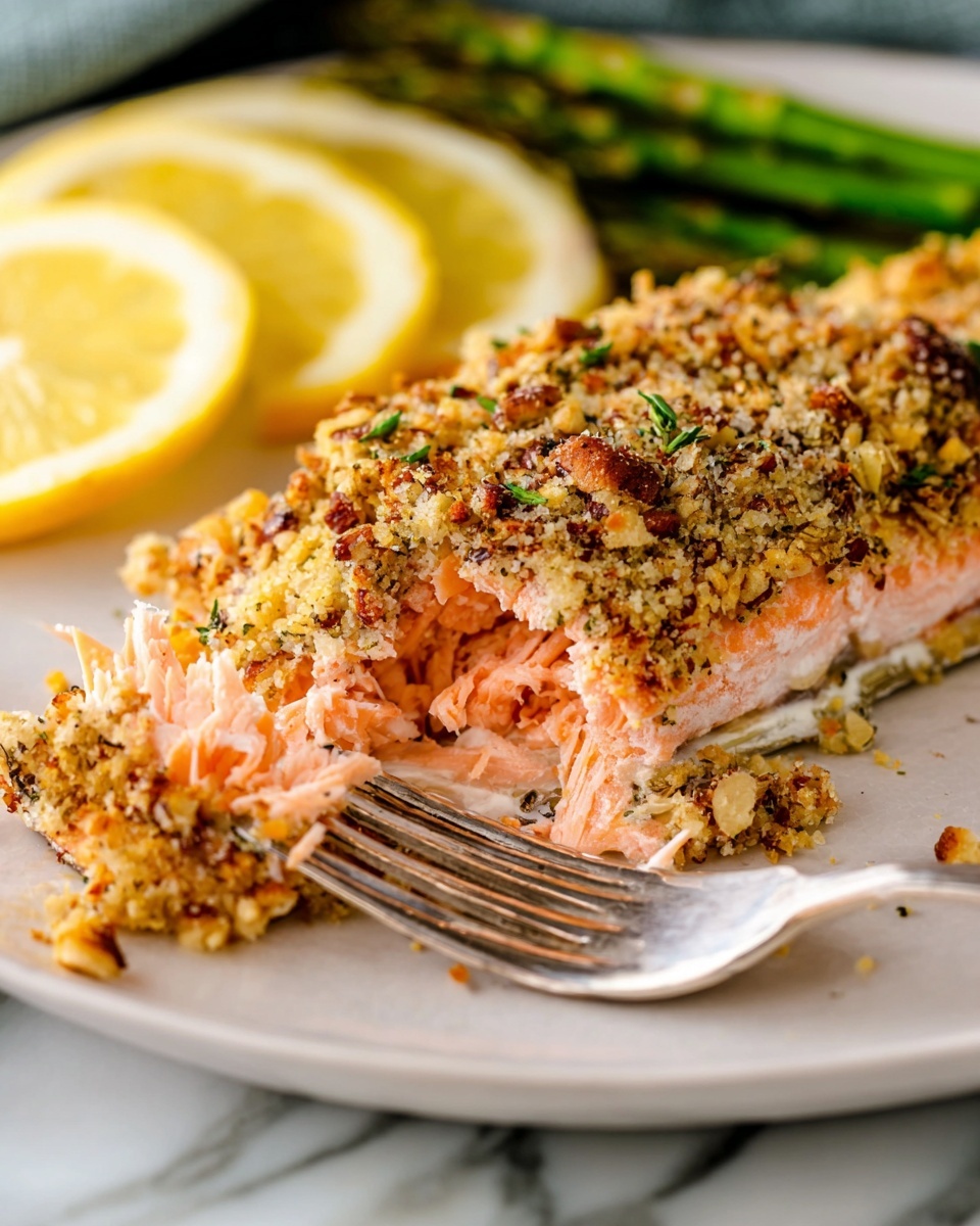 The image shows a close-up of a pinkish salmon fillet on a white plate with a white marbled surface. The salmon has two layers: the bottom layer is the moist, flaky pink fish, and the top layer is a crunchy, golden-brown crust made of chopped nuts and herbs. A silver fork is pulling away a piece of the salmon, showing its flaky texture. To the left, there are two lemon wedges with bright yellow color, and to the right, some green asparagus spears are partially visible. The photo taken with an iphone --ar 4:5 --v 7