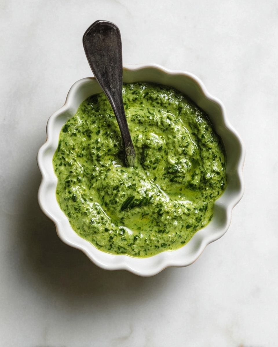 A white scalloped bowl filled with a creamy bright green pesto sauce that has a slightly chunky texture with visible small bits of herbs. A dark metal spoon rests inside the bowl, partially dipped in the pesto and pointing outward. The bowl sits on a white marbled surface. photo taken with an iphone --ar 4:5 --v 7