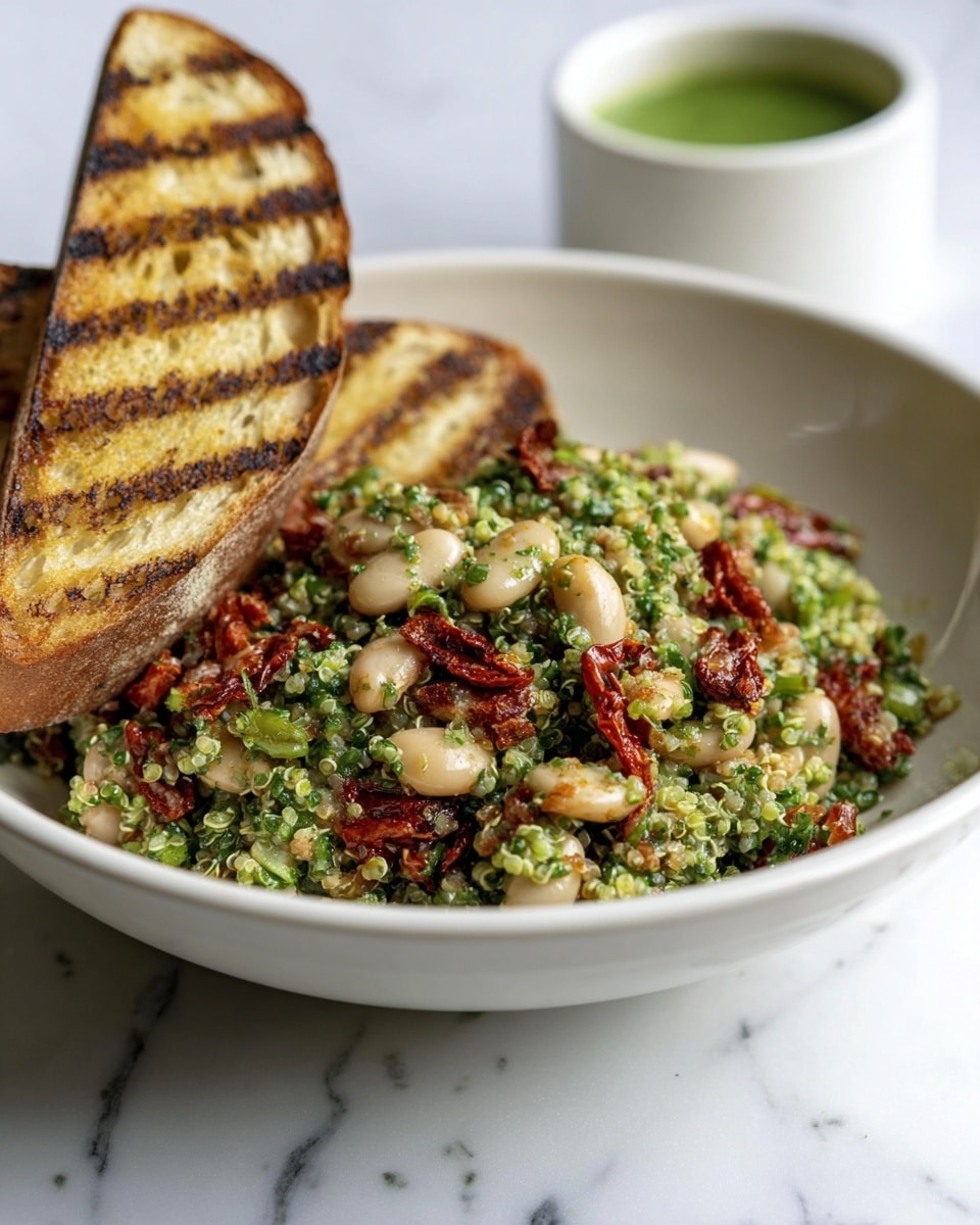 A white shallow bowl is filled with a green quinoa salad mixed with large white beans and pieces of red sun-dried tomatoes, giving a colorful contrast. Two grilled slices of toast with brown grill marks are leaned against the salad on the bowl’s edge. In the blurred background, a white bowl holds a green sauce. The dish sits on a white marbled surface. Photo taken with an iphone --ar 4:5 --v 7
