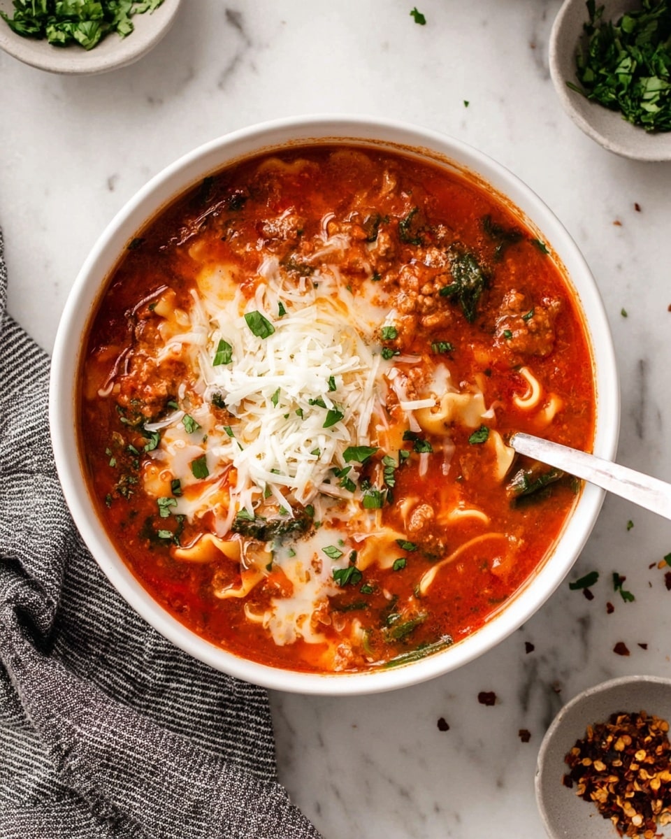 A white bowl filled with a thick, red tomato soup that has visible layers of soft lasagna noodles curled inside, small chunks of cooked meat, and green spinach leaves scattered throughout. On top, there is a layer of shredded white cheese melting slightly into the soup, sprinkled with chopped green herbs. A spoon is placed inside the bowl on the right side, partially submerged in the soup. The bowl sits on a white marbled surface, with small bowls containing chopped green herbs and red pepper flakes nearby, along with some scattered herb bits around the main bowl. A grey and white striped cloth is placed to the upper left corner of the bowl. Photo taken with an iphone --ar 4:5 --v 7