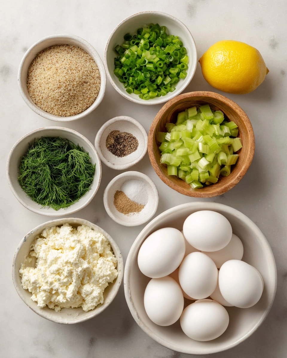 The image shows seven white bowls arranged on a white marbled surface. The largest bowl at the bottom right holds seven white whole eggs. Next to it, on the bottom left, is a smaller bowl filled with textured cottage cheese, off-white in color. Above this, a bowl contains coarse grainy mustard in a light brown color with visible seeds. To the left, a bowl holds finely chopped green onions, bright green. Above this, a bowl contains finely chopped fresh dill in a deep green color. To the right of the dill, a wooden bowl contains chopped celery, pale green with a crisp texture. In the middle, a small bowl has a mix of four different seasonings: black pepper, salt, garlic powder, and onion powder in small piles from top to bottom. To the right of those bowls is half a lemon showing its yellow juicy inside. Photo taken with an iphone --ar 4:5 --v 7