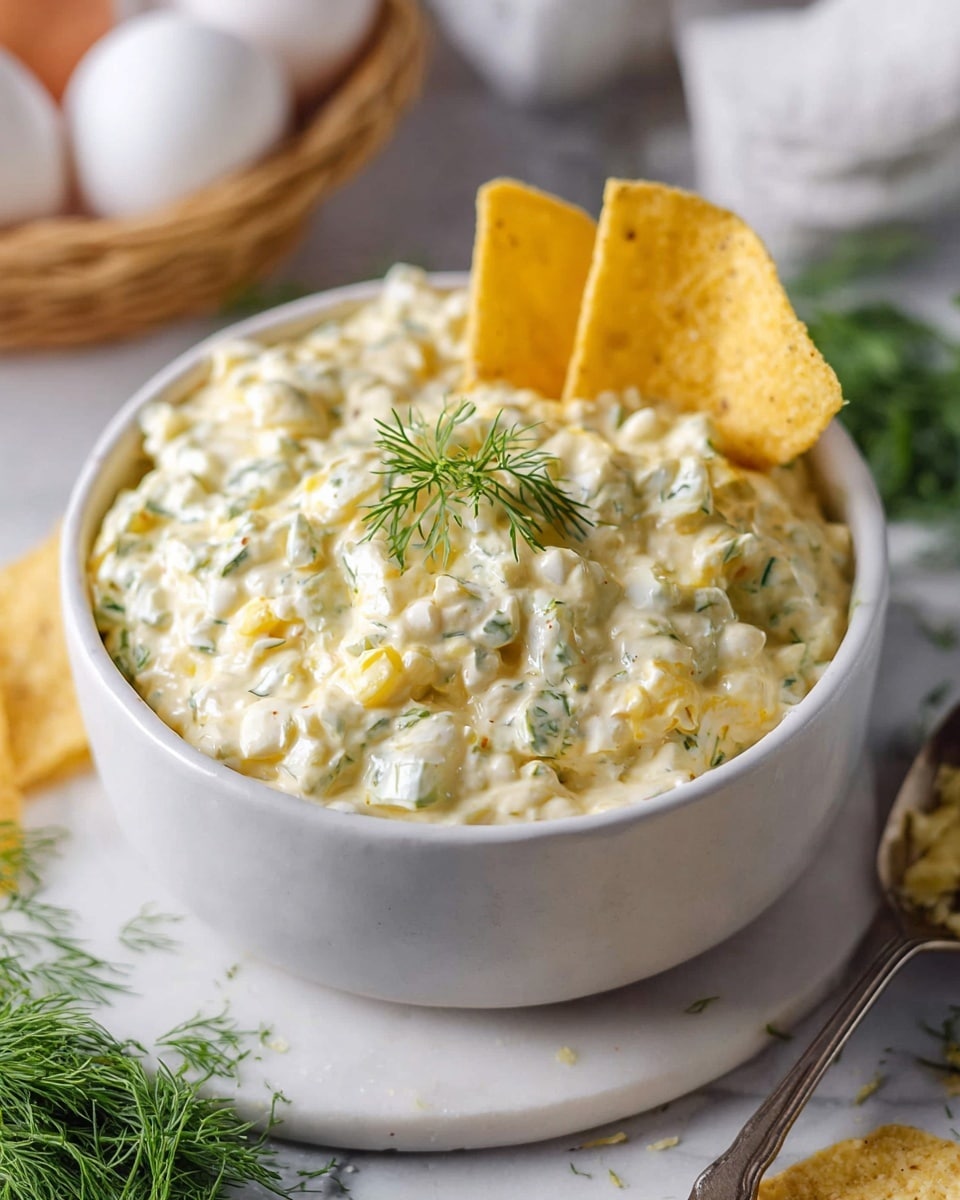 A white bowl filled with a creamy, chunky dip that has a pale yellow color with small pieces of green herbs and bits of white mixed in, topped with a small sprig of dill and two yellow tortilla chips standing upright in the center; a silver spoon is placed inside the bowl on the right side, all set on a white marbled surface with some fresh dill in a small white dish and a blurry basket of white eggs in the background, photo taken with an iphone --ar 4:5 --v 7