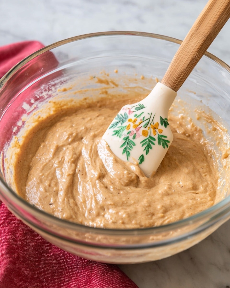 A clear glass bowl filled with one thick layer of light brown, smooth batter with small lumps. A cream-colored spatula with a wooden handle is partially dipped into the batter, showing a floral design with green leaves and yellow flowers on the spatula head. The bowl sits on a white marbled surface with a hint of a red cloth beneath it. Photo taken with an iphone --ar 4:5 --v 7