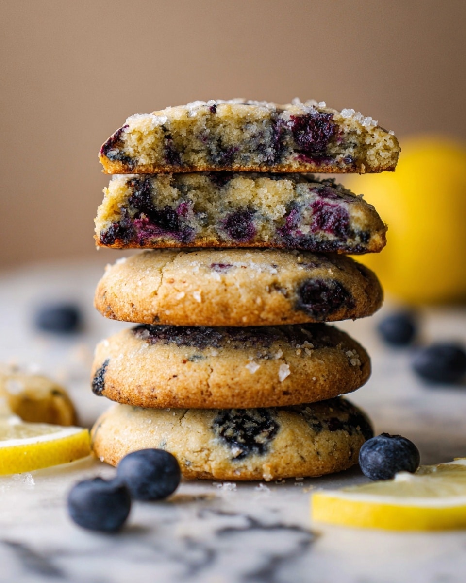A stack of four thick, round blueberry cookies are pictured on a white marbled surface, with the top cookie broken in half to show its soft, slightly crumbly inside speckled with dark purple blueberries. The cookies have a golden brown crust with visible sugar crystals on top, and scattered fresh blueberries and thin lemon slices are placed around the stack. The background is softly blurred, keeping the focus on the detailed texture of the cookies photo taken with an iphone --ar 4:5 --v 7