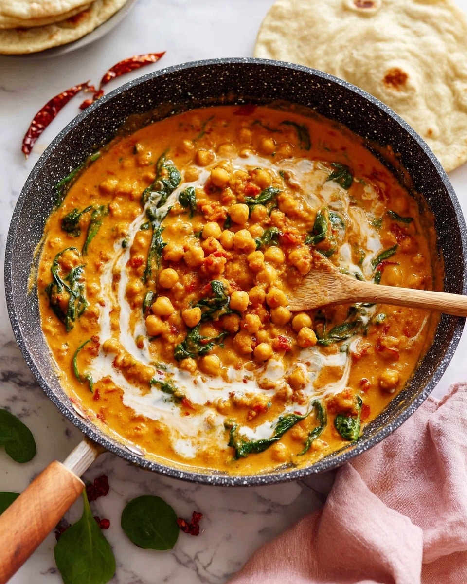 A dark speckled pan holds a creamy chickpea curry with three main layers: the base is a thick orange sauce with visible small tomato pieces, the middle layer is made of yellow chickpeas scattered evenly, and some cooked dark green spinach leaves are mixed throughout; there is a white cream swirl near the center adding contrast. A wooden spoon is stirring the curry from the left side of the pan, which has a brown wooden handle. The pan sits on a white marbled surface with some loose green spinach leaves and pieces of dried red chili scattered near the bottom. In the background, there is a stack of flatbread resting on the surface and a soft pink cloth loosely draped on the right side. Photo taken with an iphone --ar 4:5 --v 7